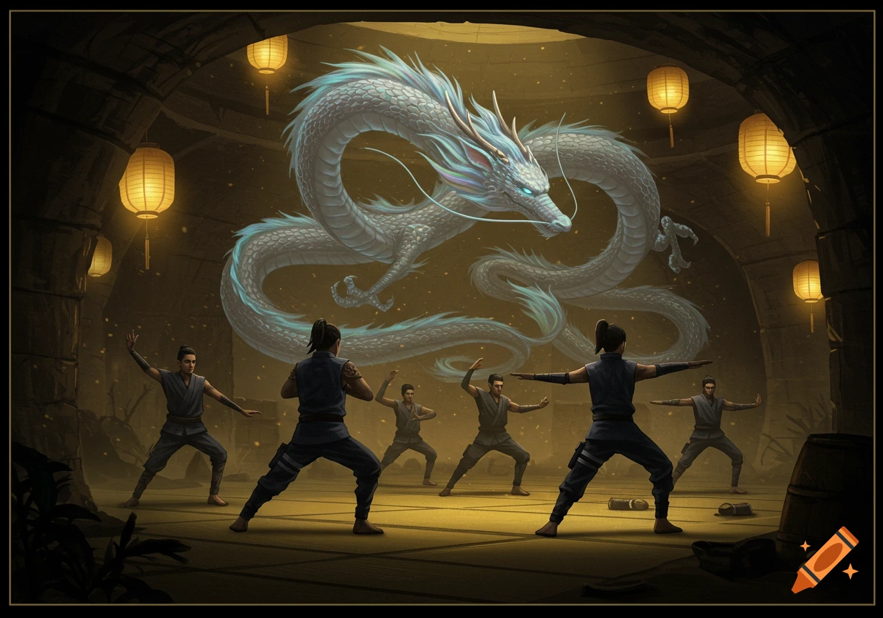 Martial artists in an underground hideout practice in front of a glowing white dragon, lit by hanging lanterns.