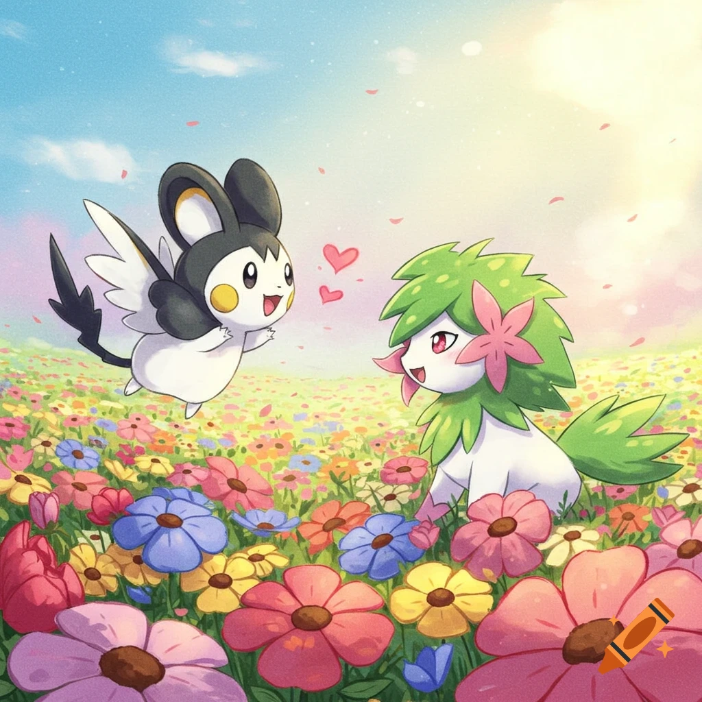 Emolga blows kisses to Shaymin in a vibrant flower field under a sunny sky in a Pokemon GO-style drawing.