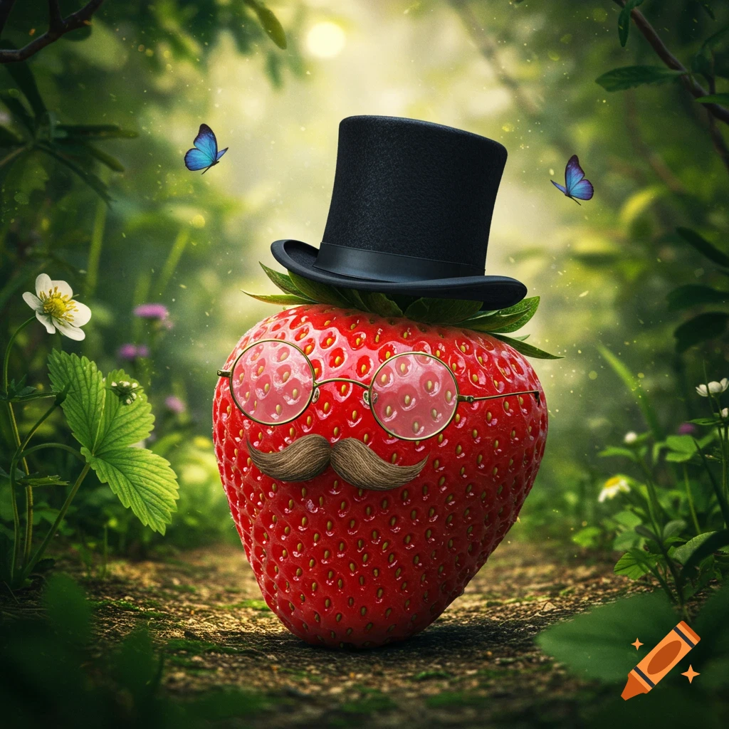 A anthropomorphic strawberry with a top hat, round glasses, and a mustache stands in a whimsical forest with butterflies.