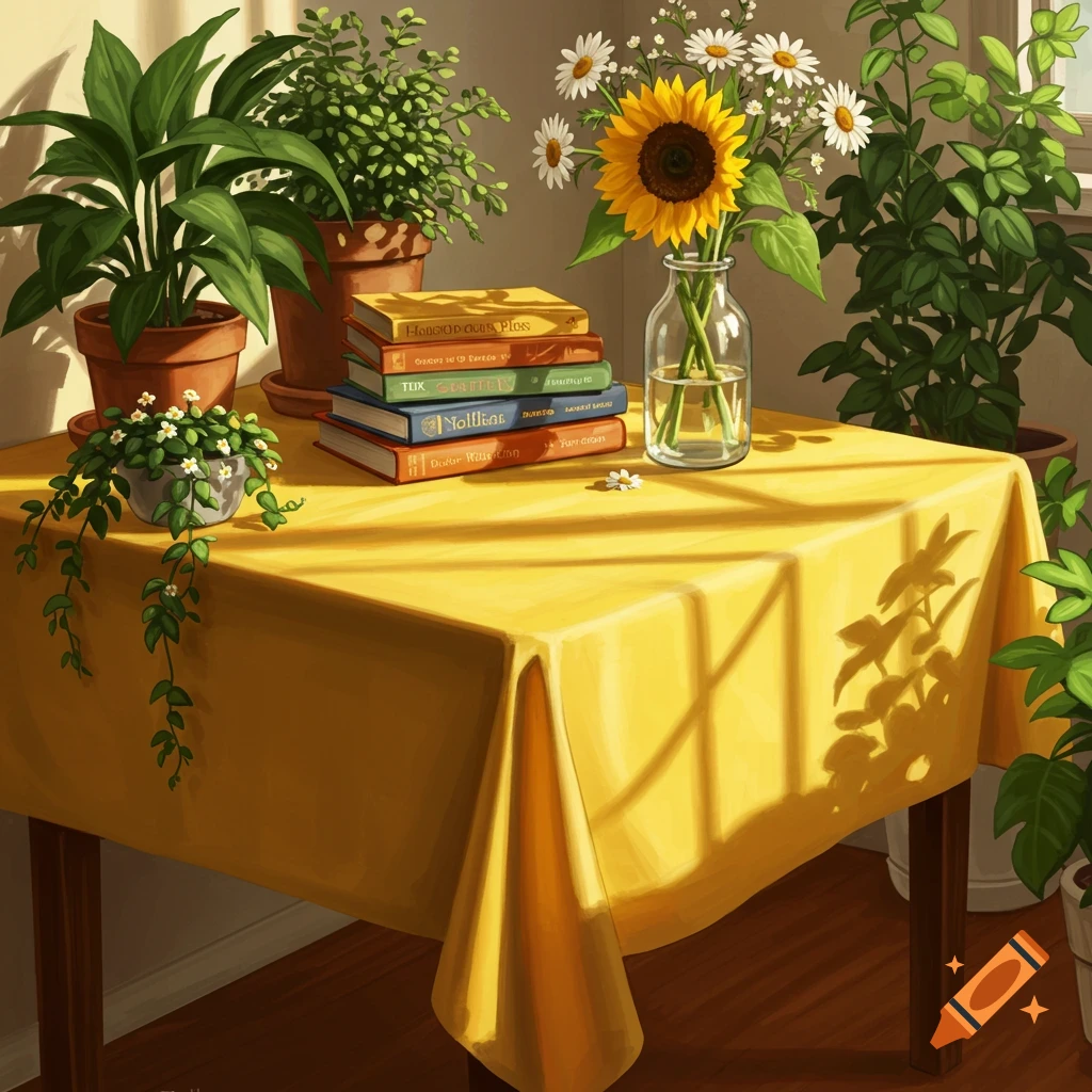 A still life scene with a yellow tablecloth, potted plants, a vase of sunflowers and daisies, and a stack of books, bathed in sunlight.