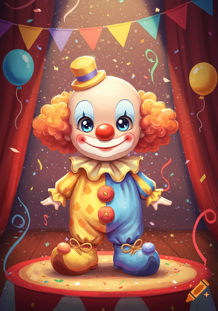 A cute, smiling cartoon clown with orange curly hair and a yellow hat stands on a stage with confetti, balloons, and circus banners.