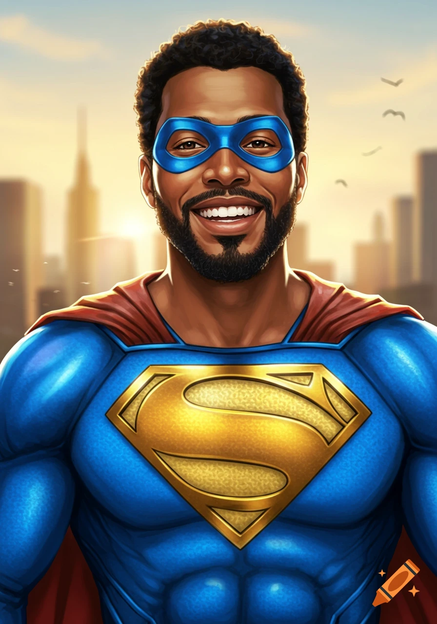 Smiling dark-skinned man with an afro and beard, wearing a blue superhero mask and a blue Superman suit with a yellow 'S' emblem and a red cape, against a city skyline.