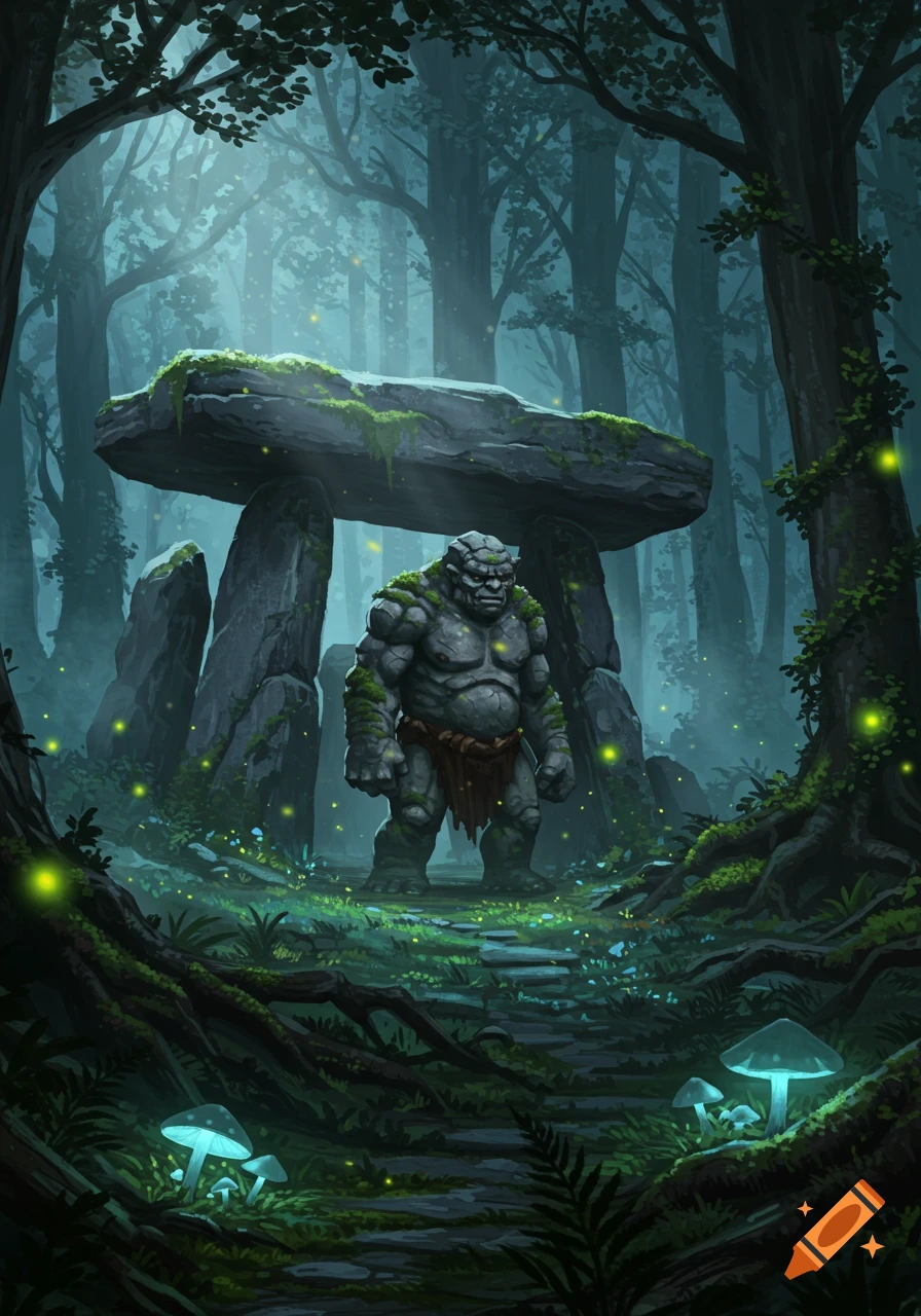 A grey troll stands before a mossy dolmen in a misty, enchanted forest with glowing mushrooms and fireflies, digital art.