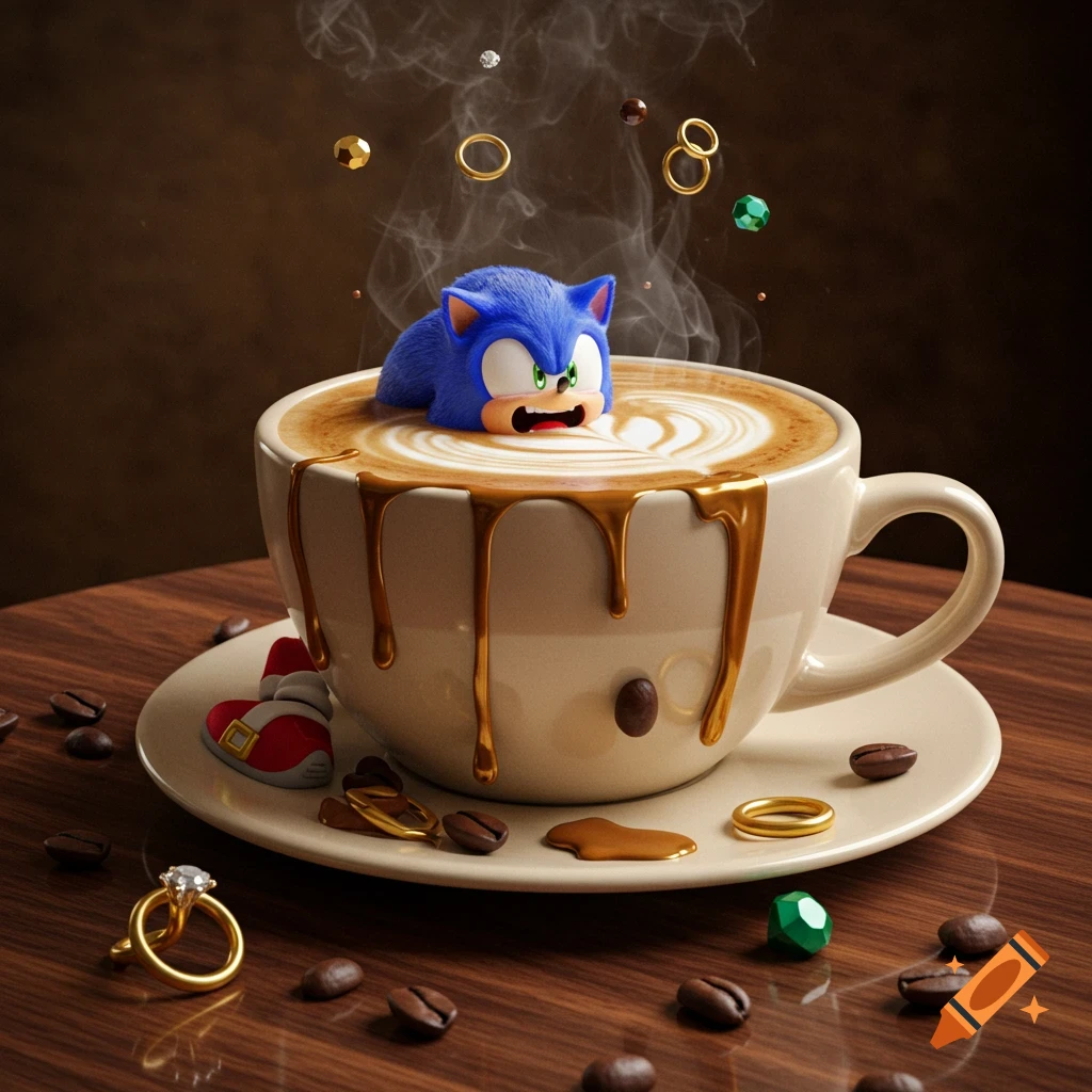 Sonic the Hedgehog figurine submerged in a steaming coffee cup, with coffee drips, gold rings, and beans on a wooden table.