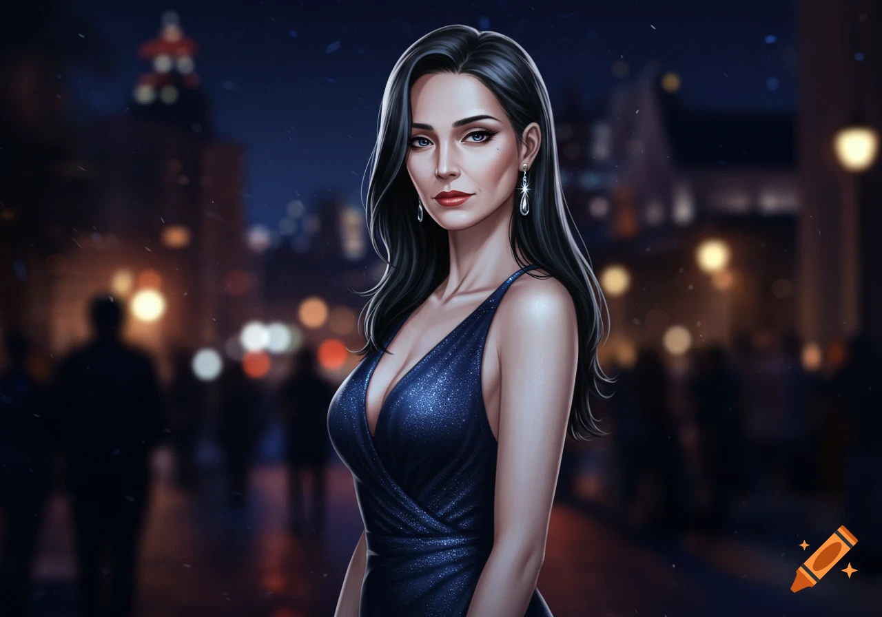 A woman with long black hair wearing a dark sparkly blue dress stands in a city at night, in a realistic anime style.