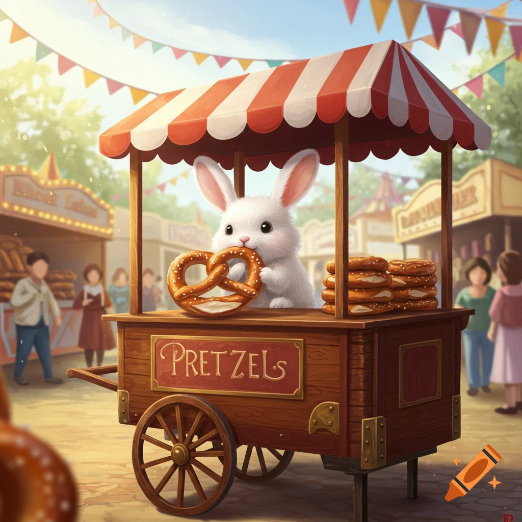 A cute white bunny sits at a pretzel cart, eating a large pretzel at a lively outdoor fair. Cartoon style.