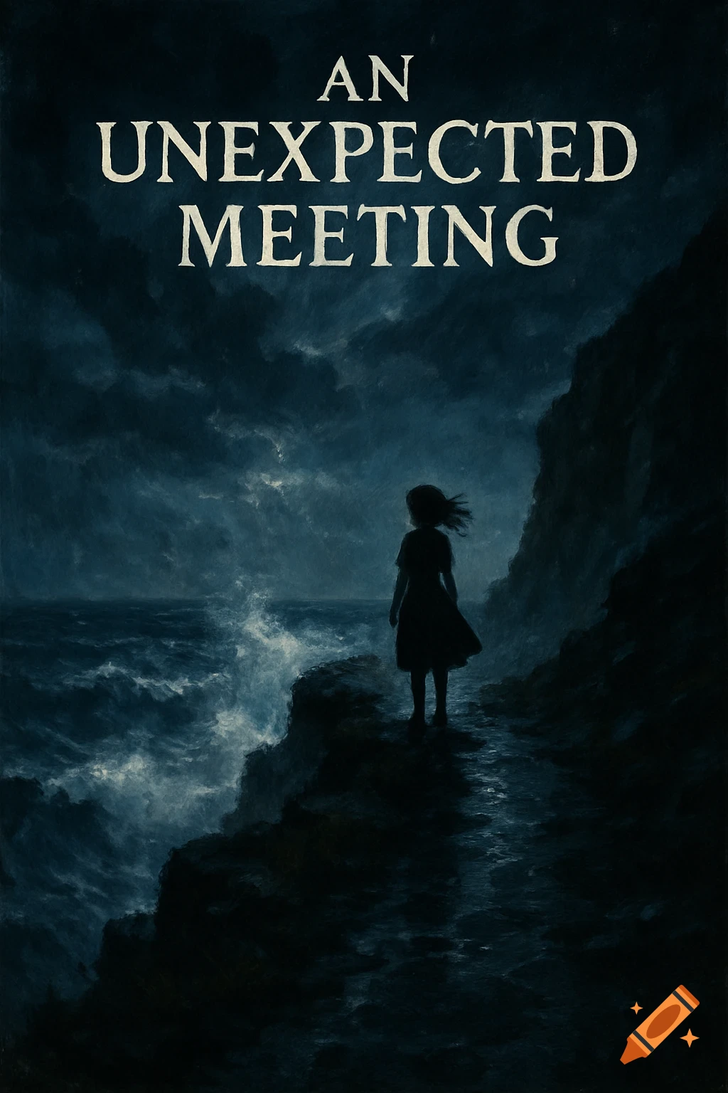 Dramatic painting of a girl's silhouette on a dark, stormy cliff overlooking a turbulent sea under a dark sky. Text reads 'AN UNEXPECTED MEETING'.