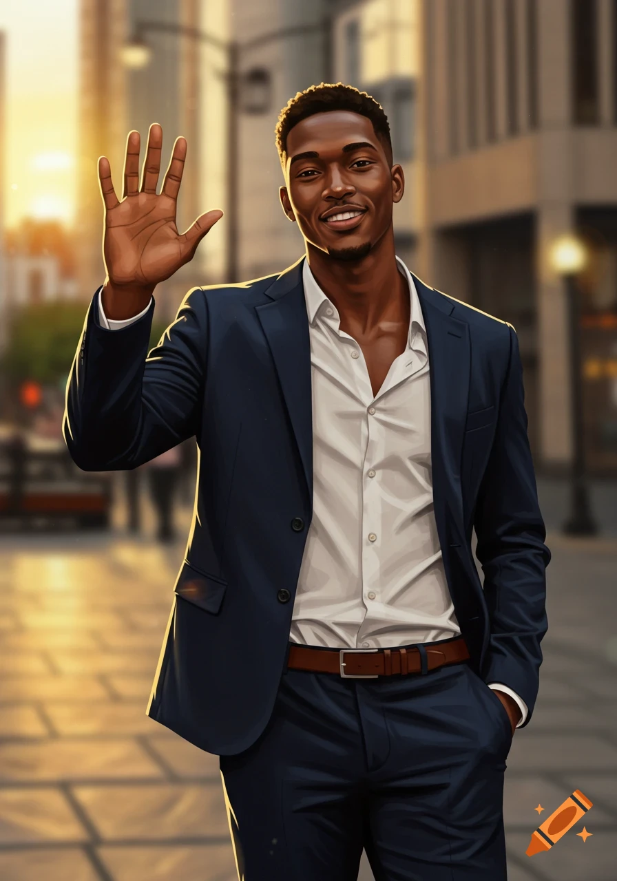 A young Black man in a suit smiles and waves, standing on a city street at sunset in a digital art style.