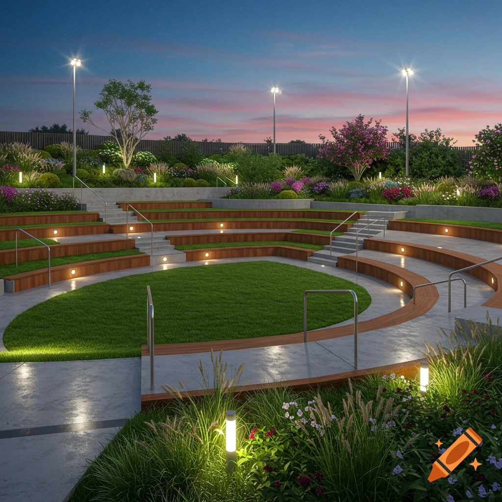 A beautifully landscaped park at dusk with tiered wooden seating, a central grassy area, and modern pathway lighting.