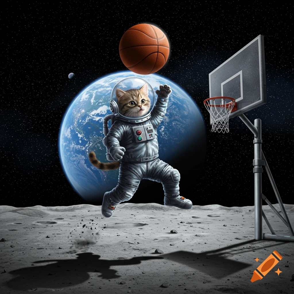 A cat in an astronaut suit leaps to dunk a basketball on the moon, with Earth in the background.