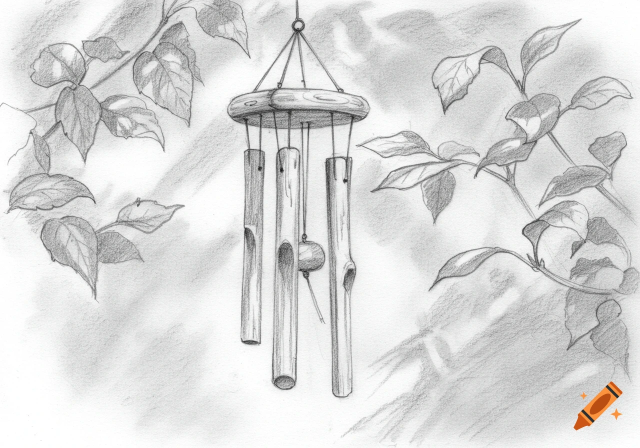 A detailed lead pencil sketch of a wooden wind chime hanging amidst leafy branches.