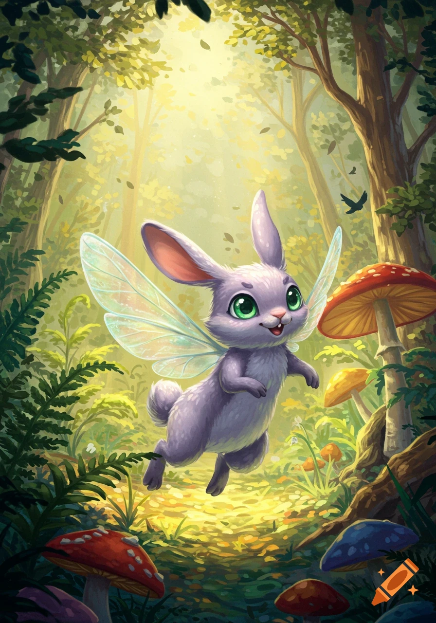 A cute purple winged bunny with large green eyes smiles, floating happily in a sunlit fantasy forest with colorful mushrooms. Illustrated.