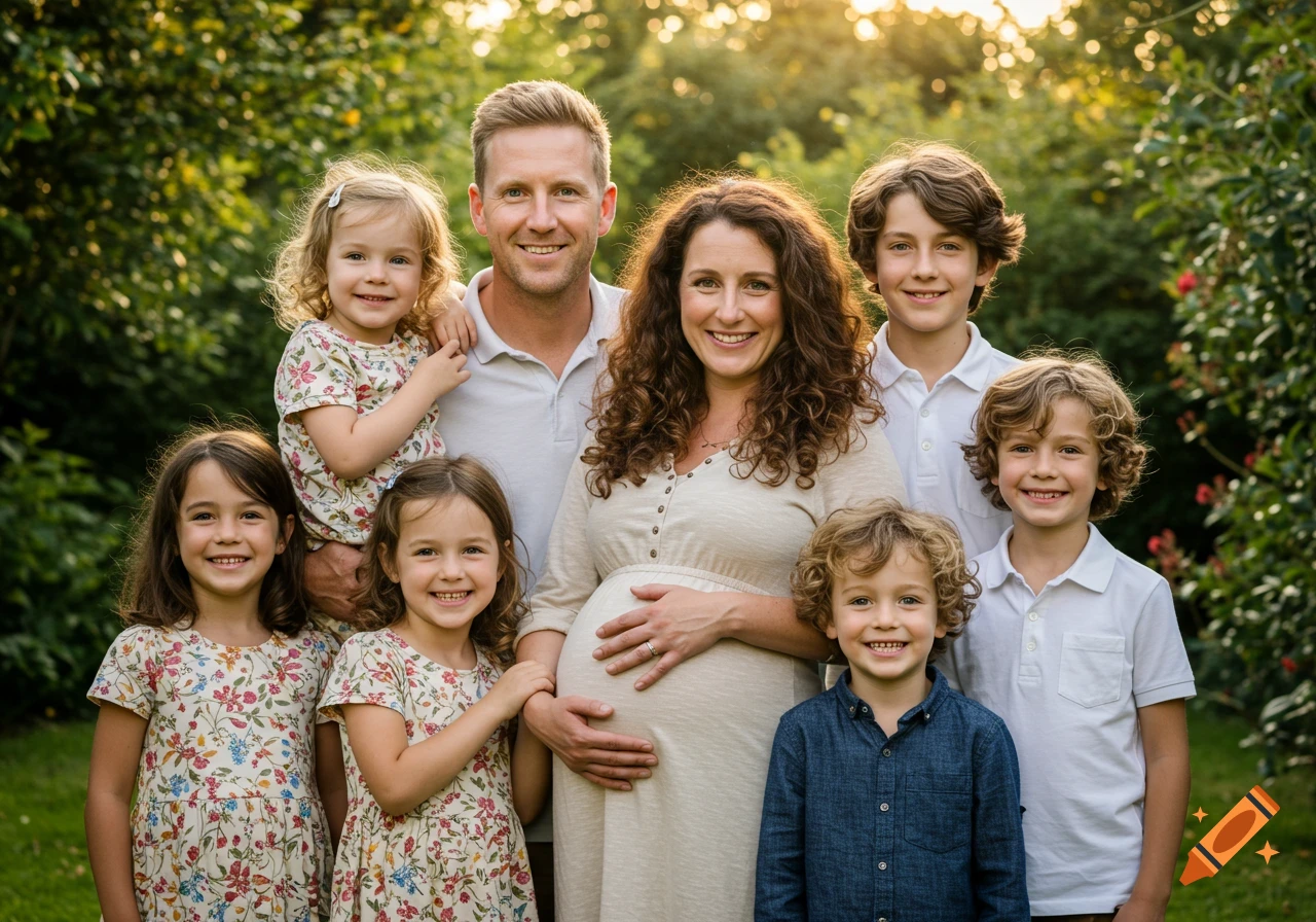 A large smiling family, including a pregnant mother, poses outdoors in warm light.