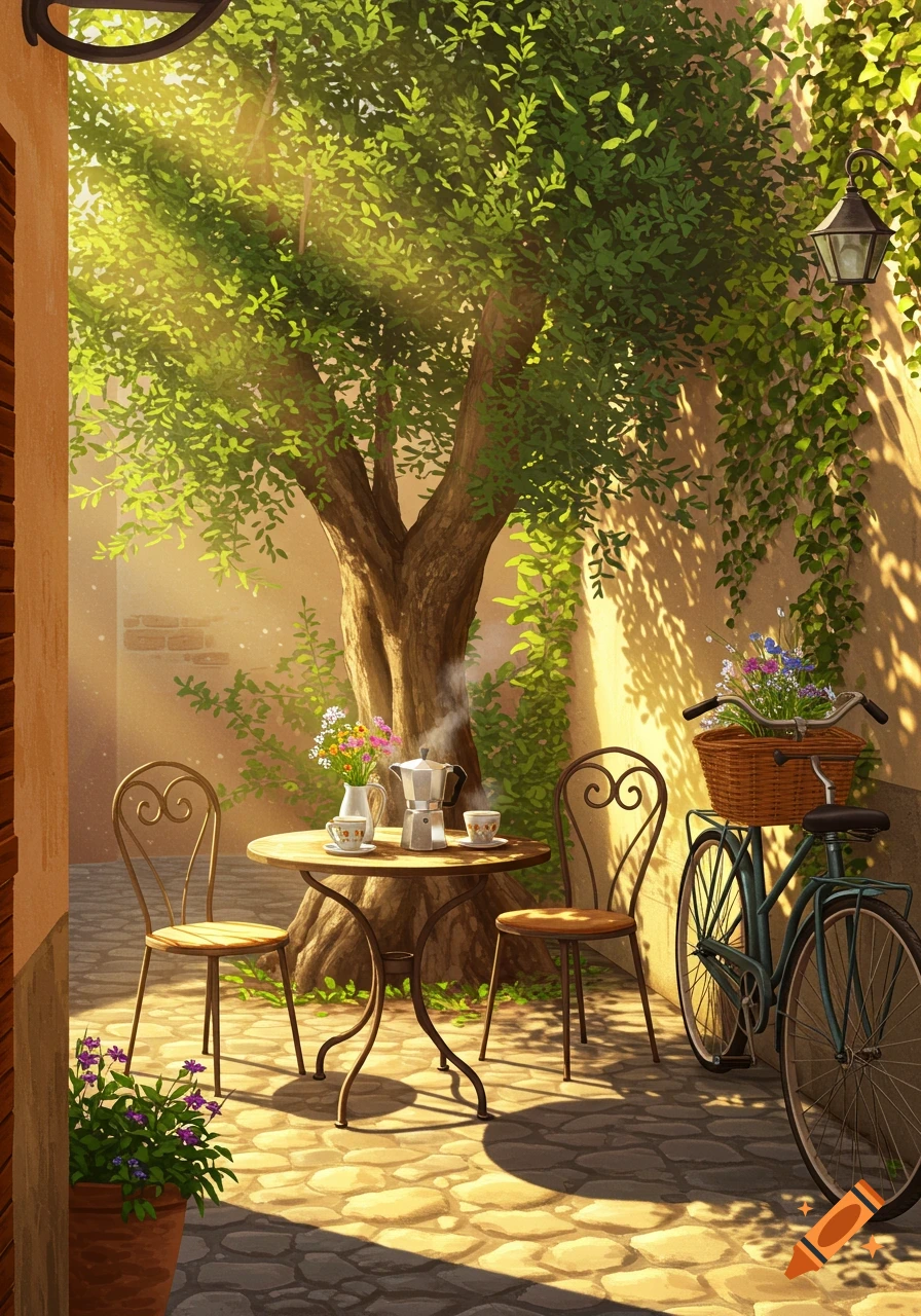 Painterly illustration of a charming outdoor cafe with a table, chairs, a coffee pot, and a bicycle under a leafy tree.
