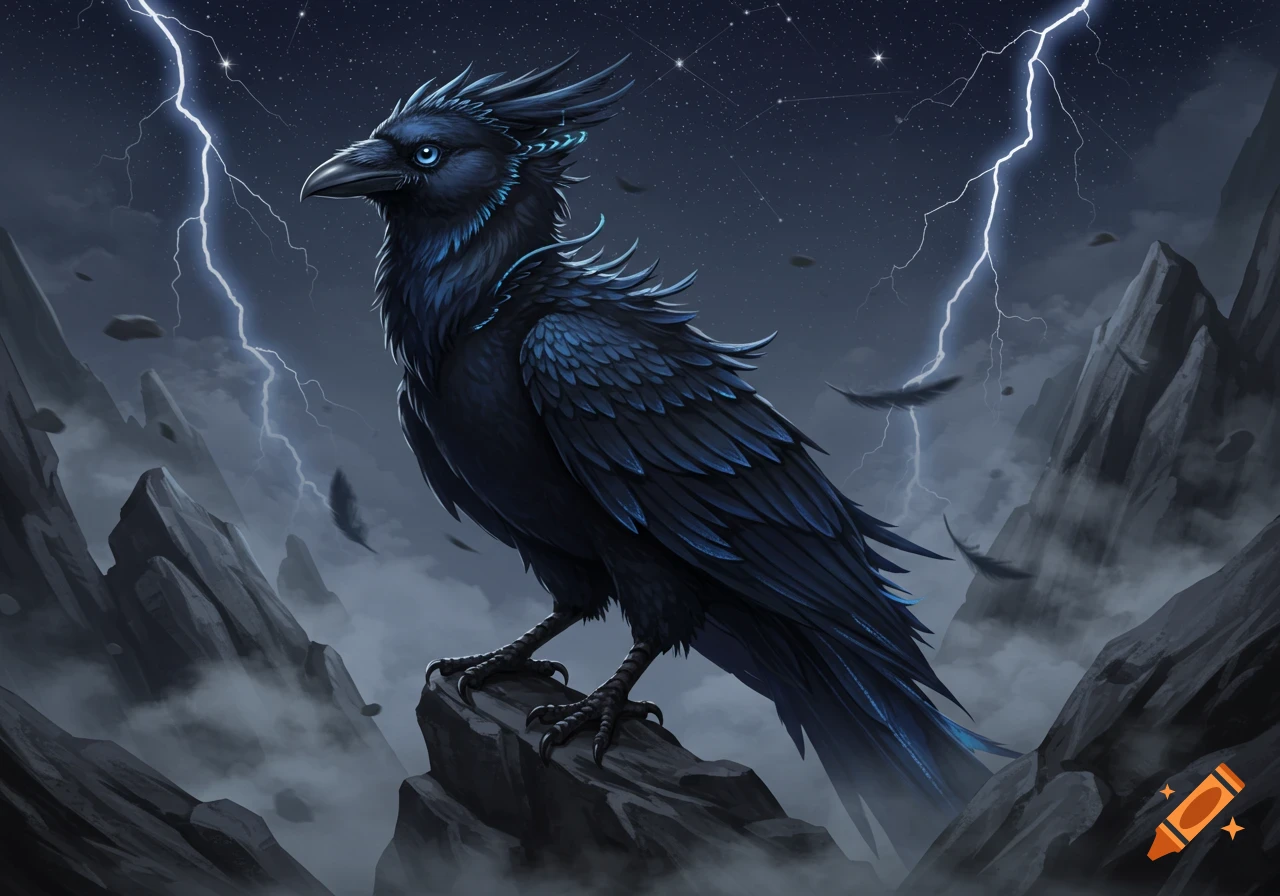 A majestic dark blue fantasy raven with glowing blue eyes perches on a rock in a stormy, mountainous landscape with lightning.