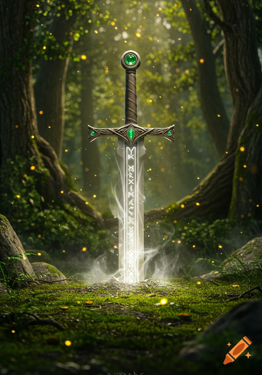 A glowing, ornate sword with green gems and runic symbols stands upright in the mossy ground of an enchanted forest, dappled with light.