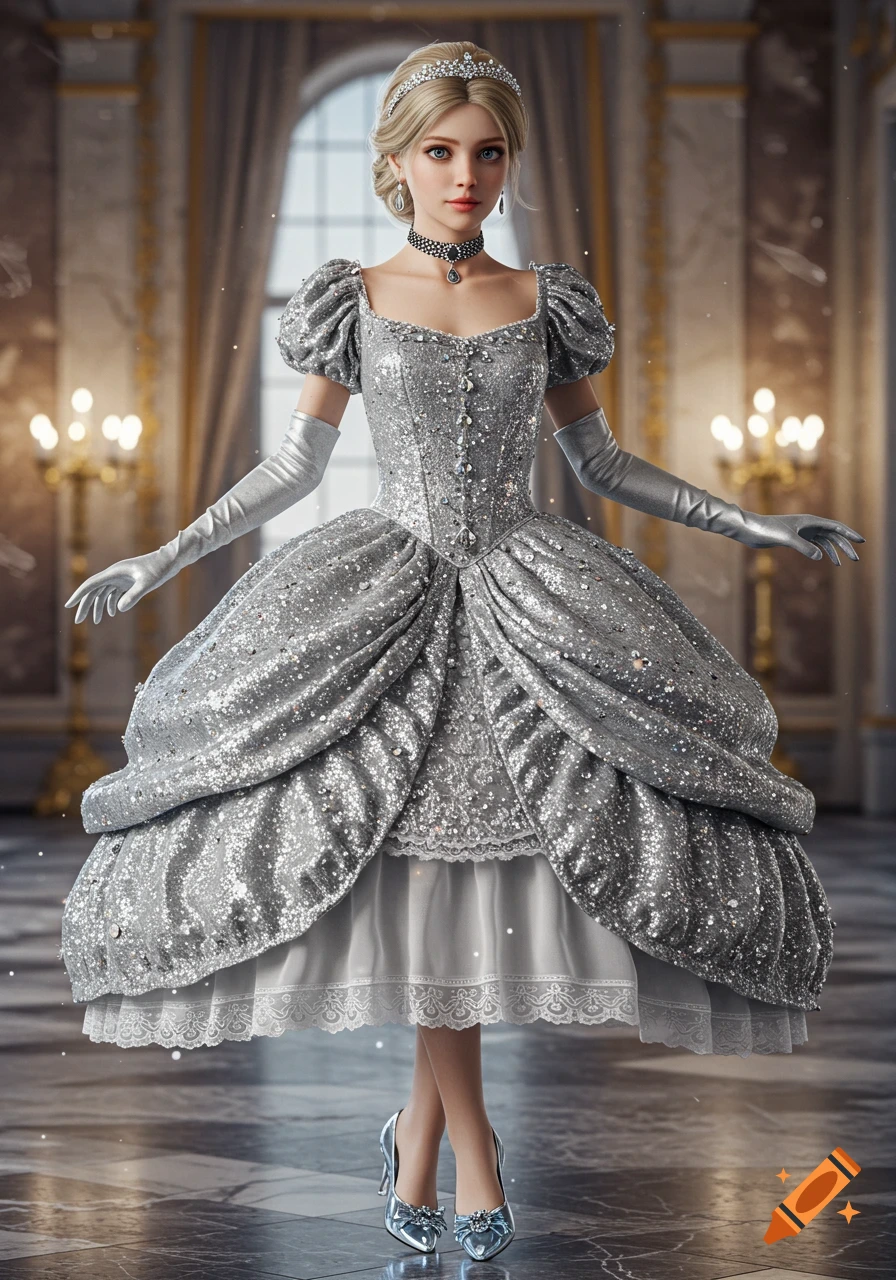 A photorealistic image of a young woman in a sparkling silver ball gown, tiara, and gloves standing in a grand ballroom.