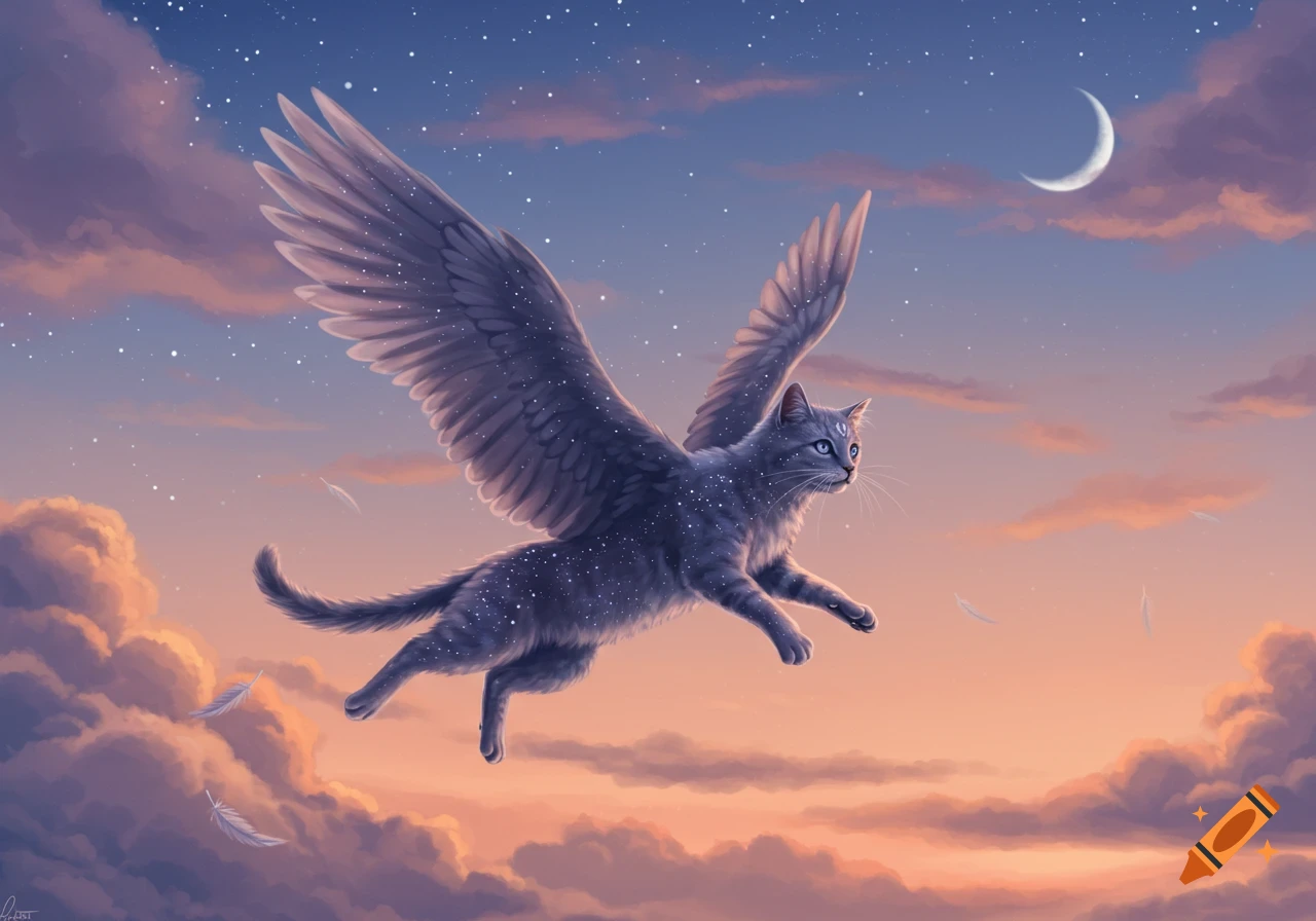 A magical winged cat, speckled with stars, flies gracefully through a twilight sky with pink clouds and a crescent moon.