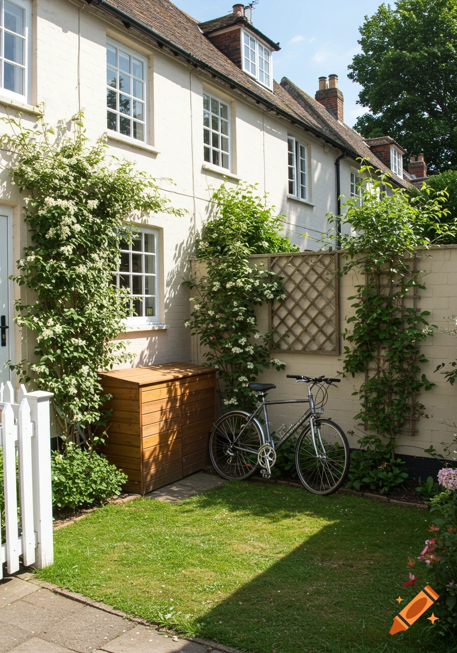 A charming English cottage with a front garden, white picket fence, a wooden bike cubby, and a bicycle. Climbing plants cover the walls.
