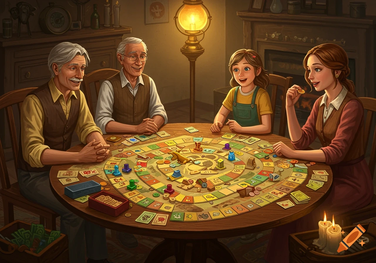 An illustration of a family playing a board game at a wooden table in a dimly lit room, with an antique lamp and candles.