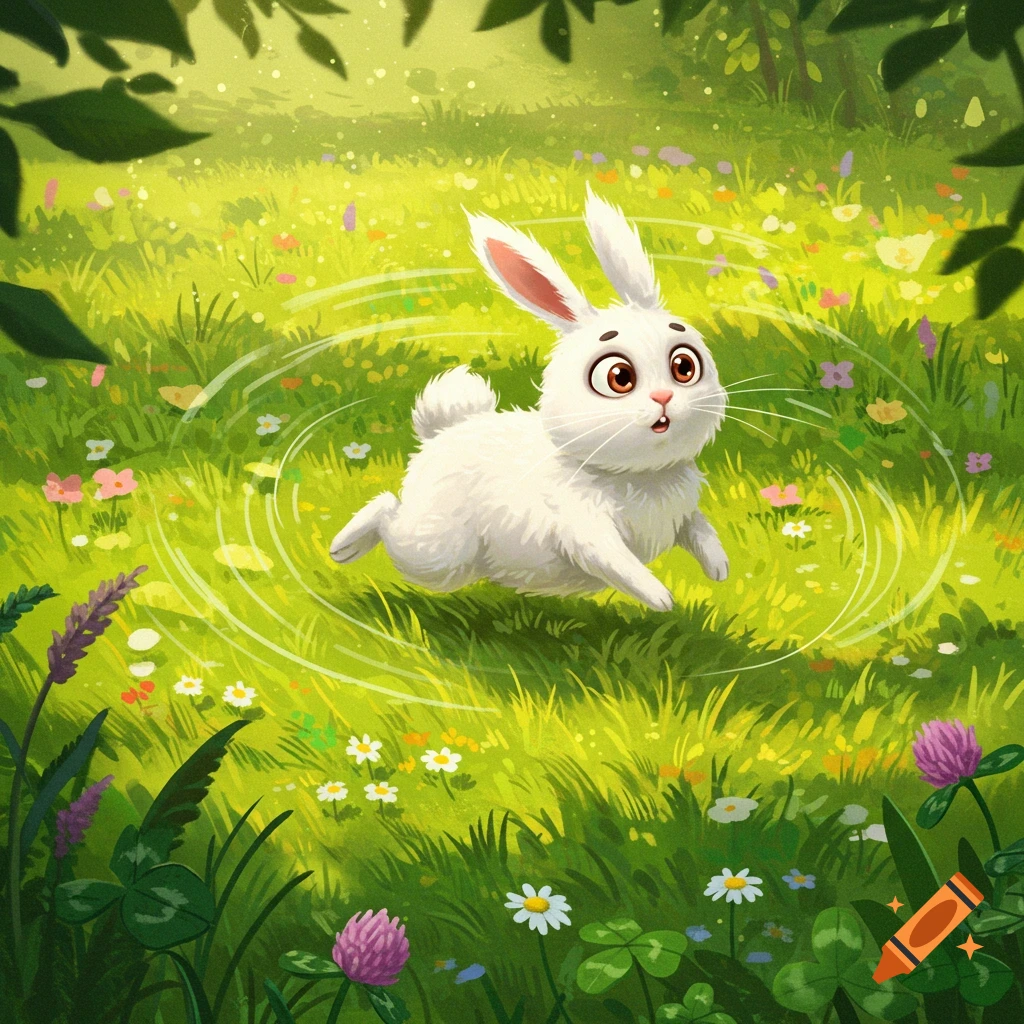 A cute, confused white cartoon bunny runs in circles in a bright green meadow with colorful wildflowers.