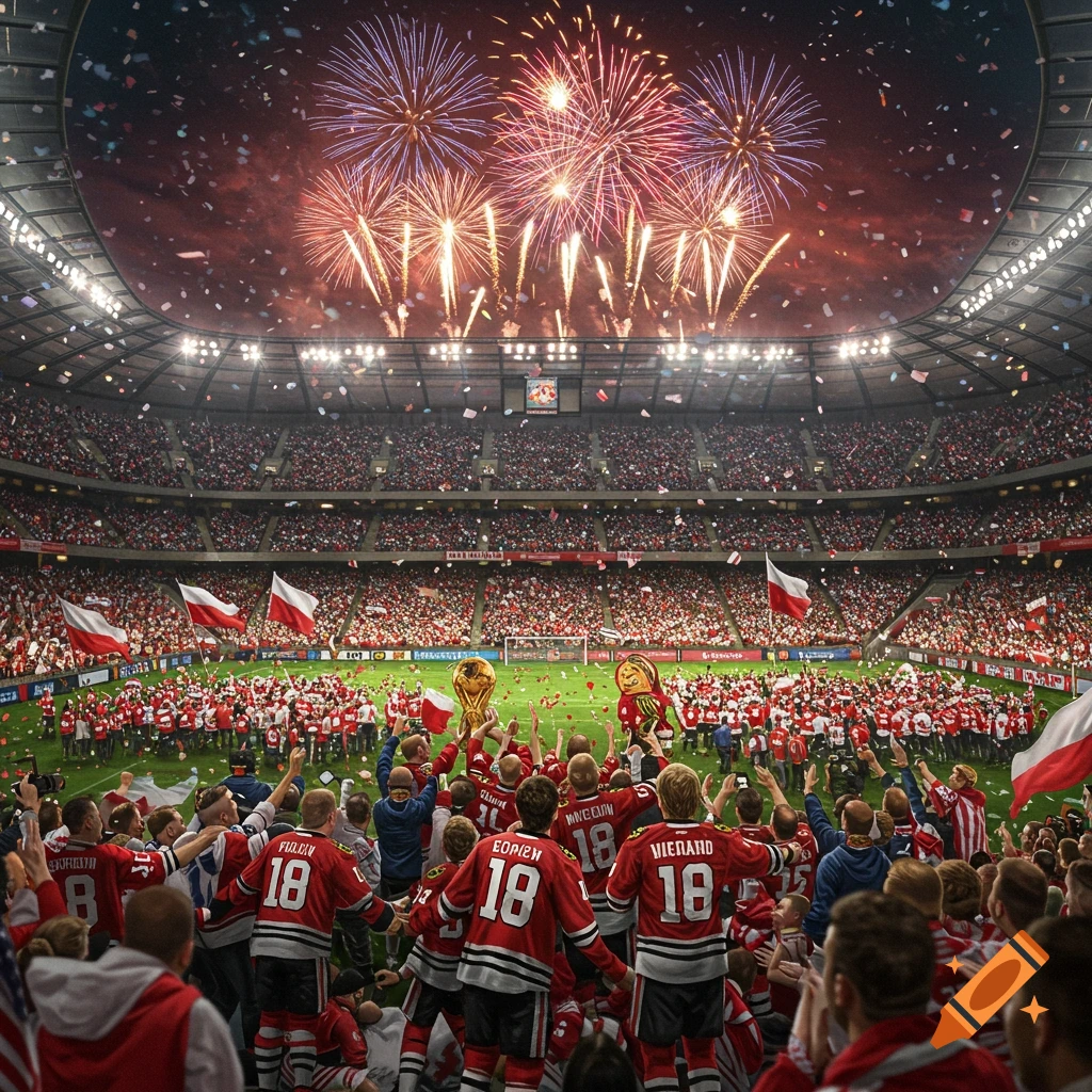A stadium filled with a crowd celebrating, with players in red jerseys on the field holding a golden trophy. Fireworks explode in the night sky above, and confetti falls.