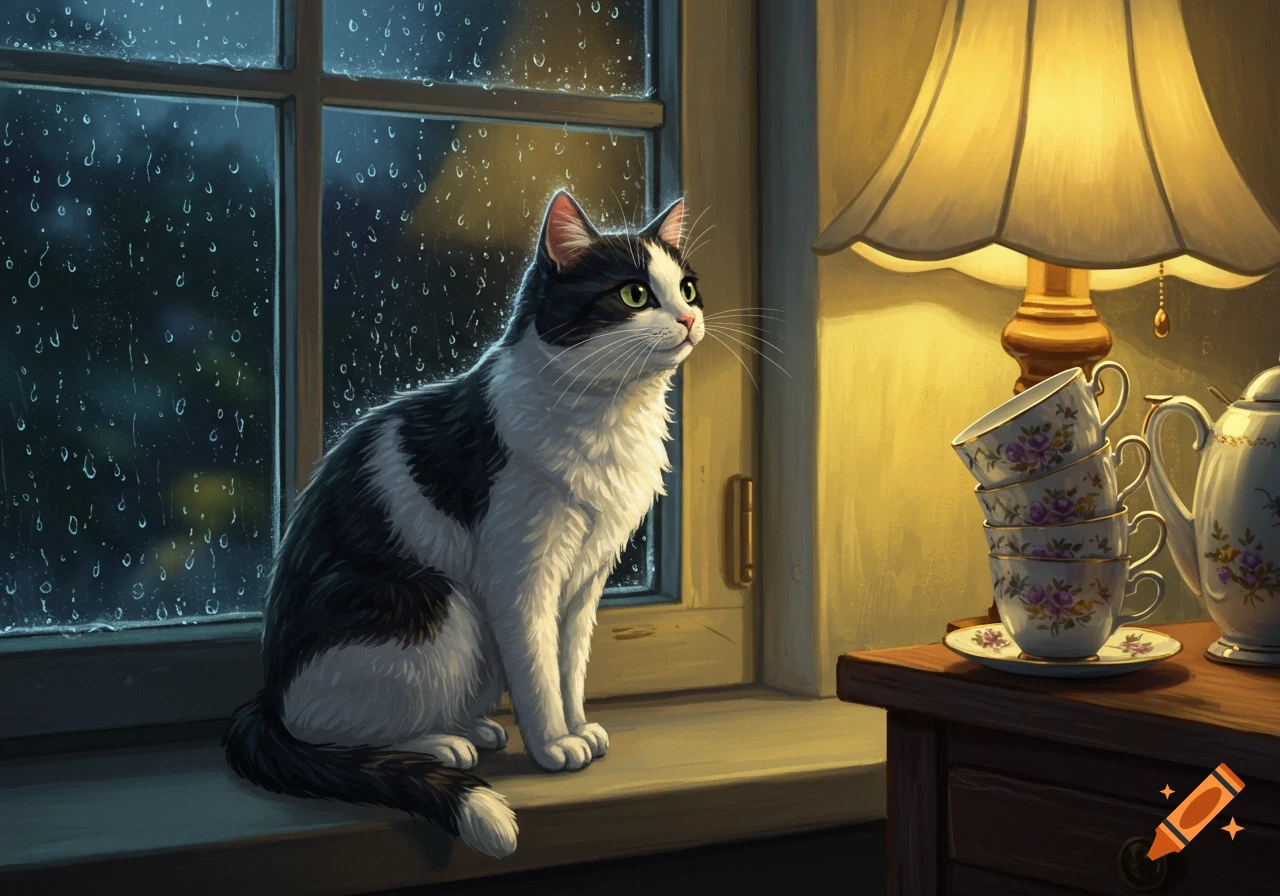 A black and white cat with green eyes sits on a windowsill, looking out at a rainy night, next to a lamp and stacked teacups.