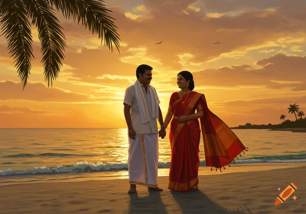 Painting of a South Indian couple in traditional attire, holding hands on a beach during sunset, with palm fronds.