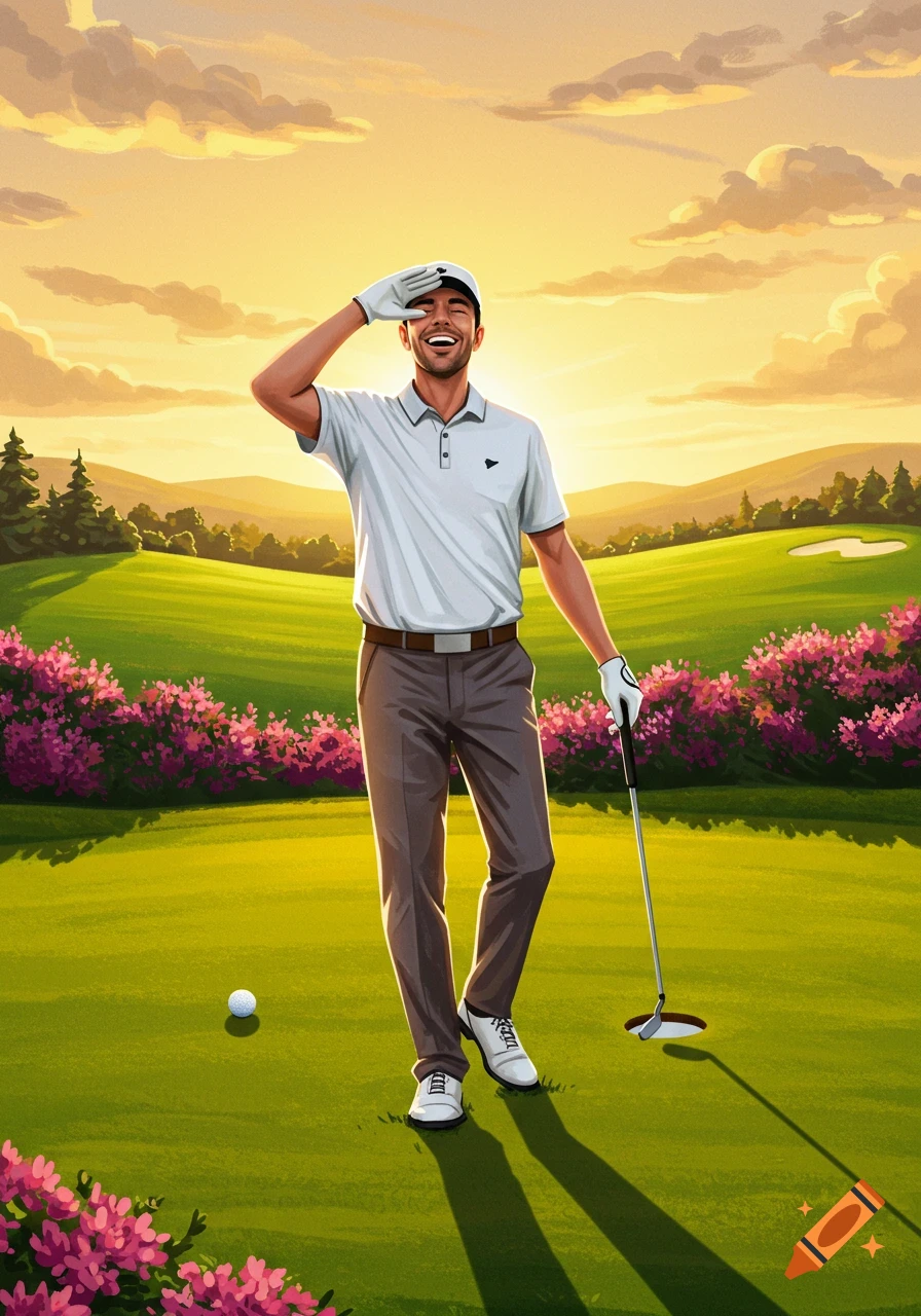 Smiling male golfer shielding eyes on a vibrant green golf course with pink flowers under a sunny sky, stylized illustration.