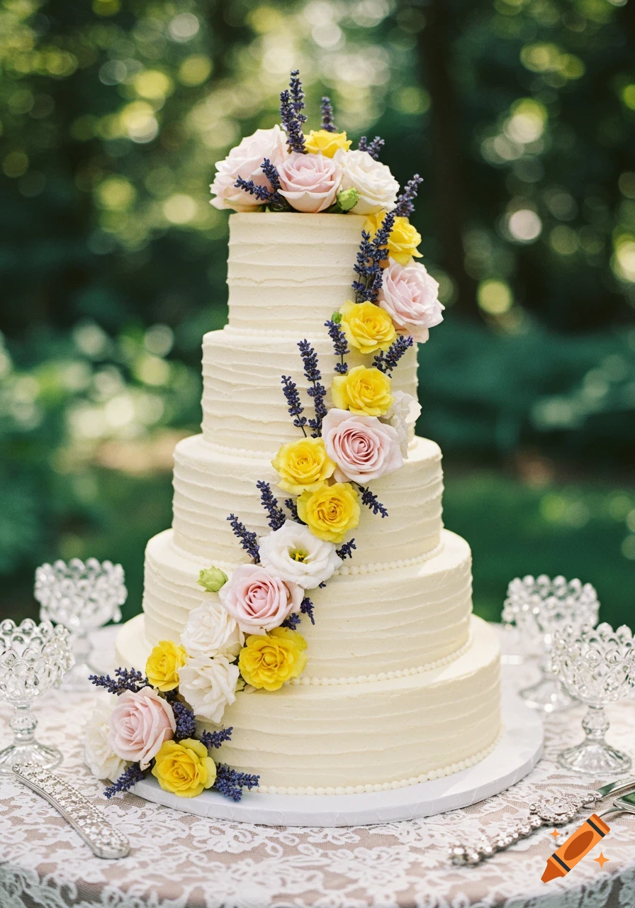 A five-tiered white wedding cake adorned with pink and yellow roses, lavender, and greenery on a lace tablecloth outdoors.