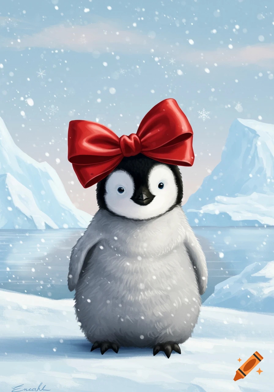 A cute baby penguin with a red bow stands in a snowy, icy landscape. Cartoon illustration.