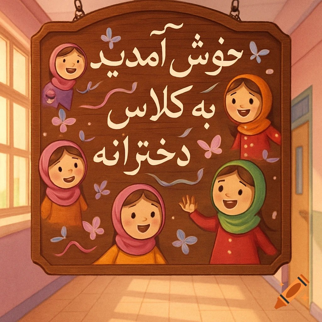 A cartoon illustration of a wooden sign reading "Welcome to the girls' class" in Persian, surrounded by five smiling girls in headscarves, set in a school hallway.