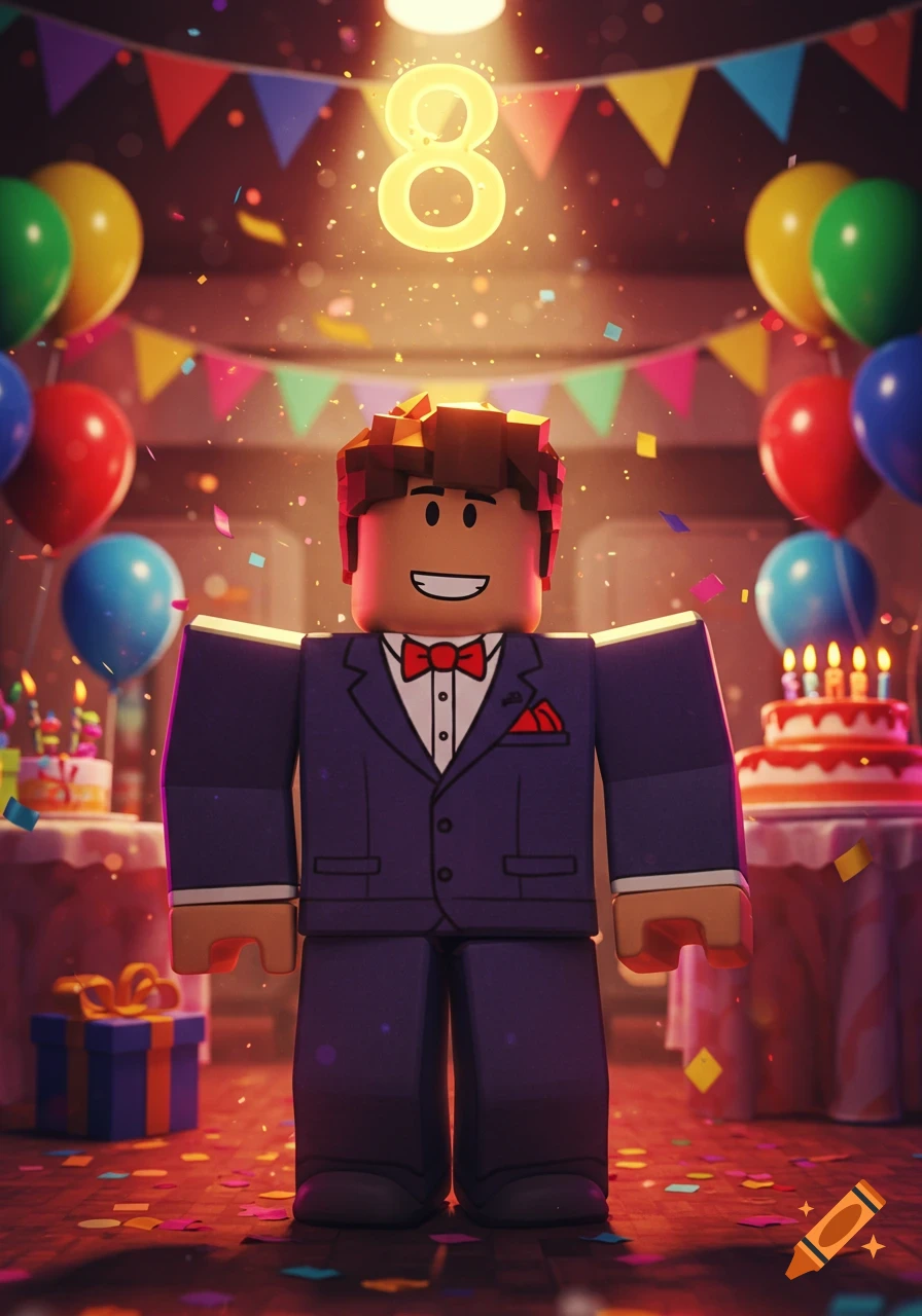 A Roblox character in a suit stands at a festive 8th birthday party with balloons, confetti, and cakes. A glowing number 8 is above.