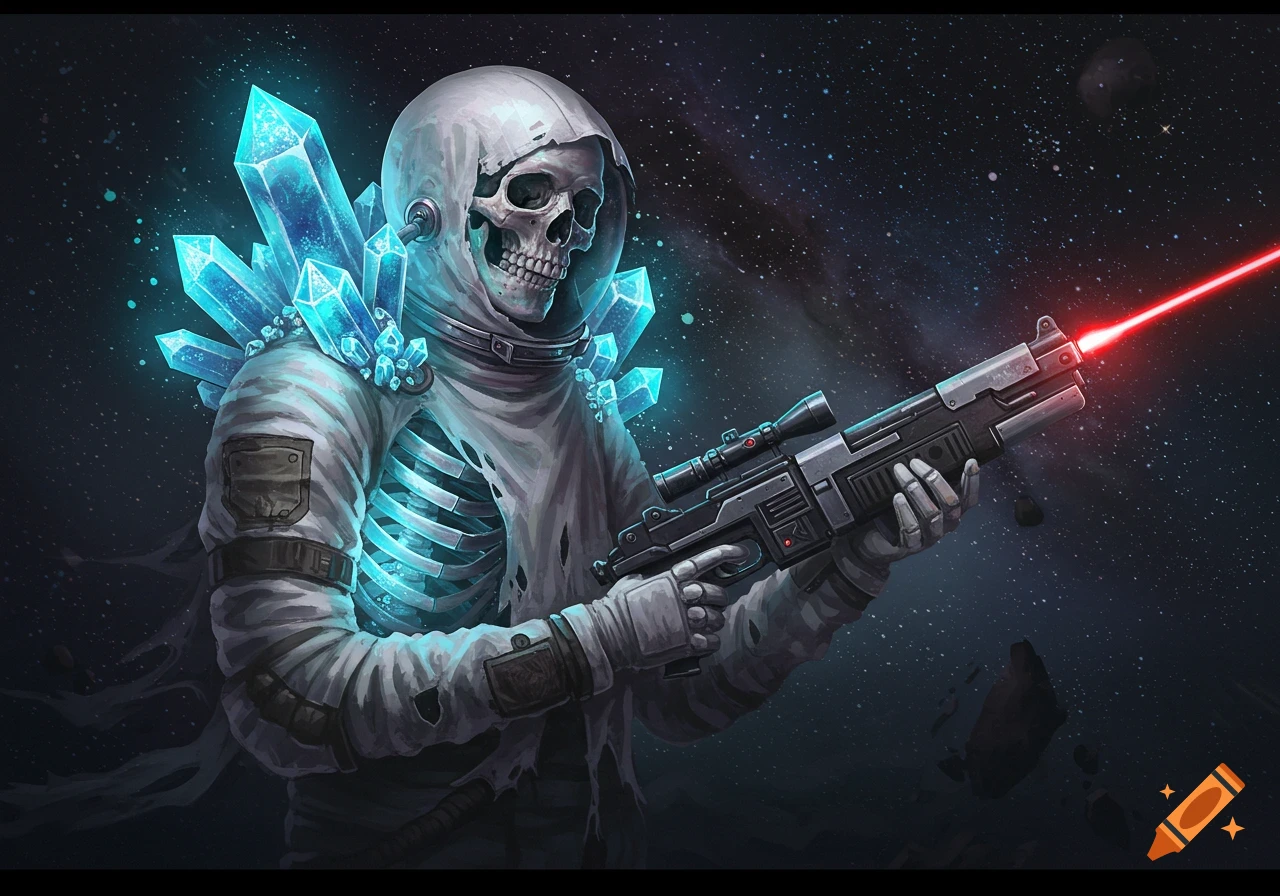 A stylized illustration of a skeleton in a tattered space suit with glowing blue crystals, holding a laser rifle in space.