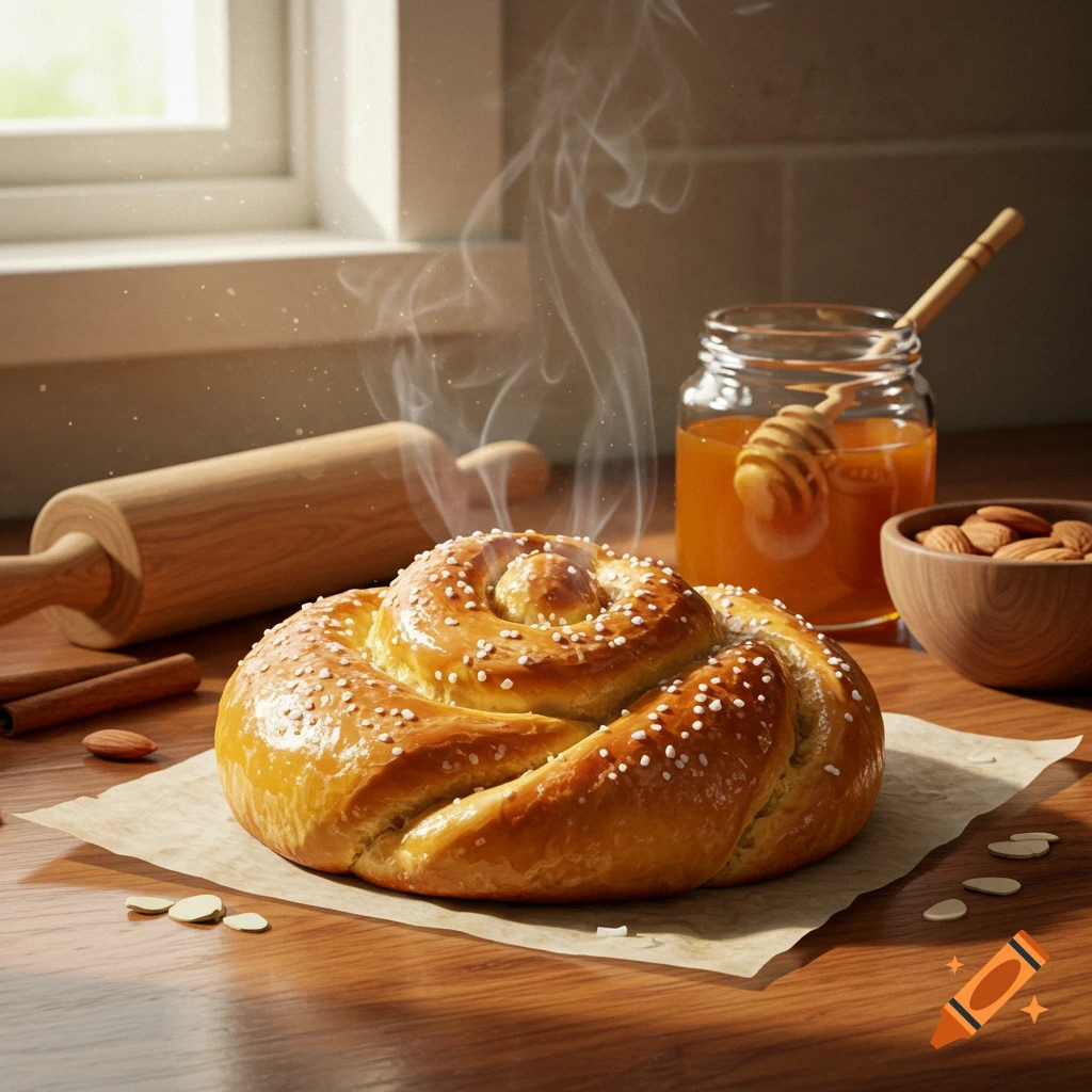 Photorealistic image of a steaming honeybun with pearl sugar on a wooden counter, with honey, almonds, and baking tools nearby.