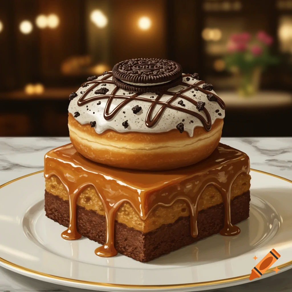 A decadent caramel mudcake topped with an Oreo Krispy Kreme donut, served on a white plate on a marble table.
