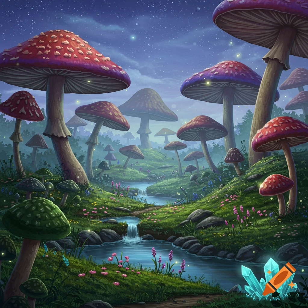 A whimsical landscape featuring giant red and purple mushrooms, a winding stream, glowing crystals, and a starry night sky.