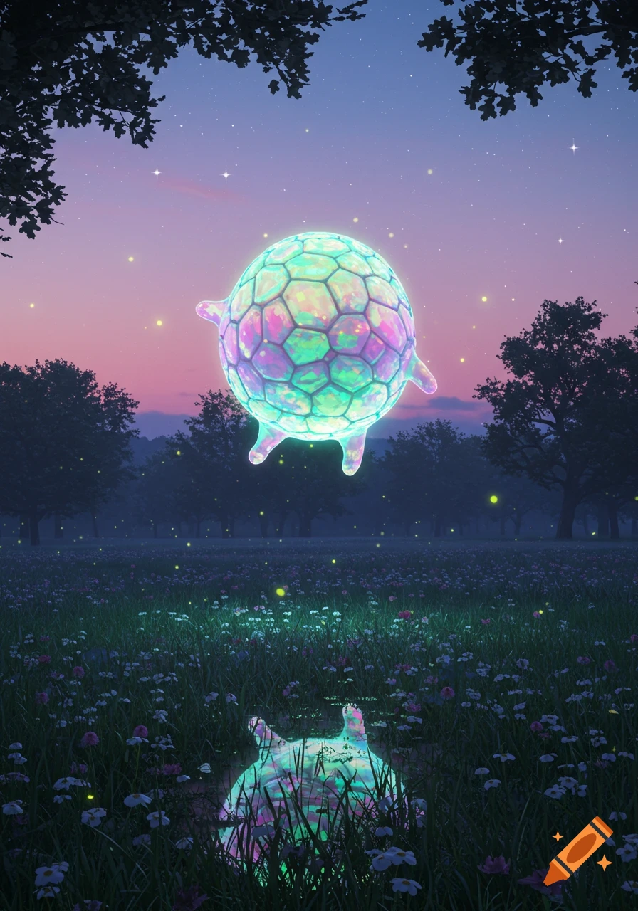 A glowing, faceted orb floats above a moonlit meadow of wildflowers, reflecting in a puddle below, under a starry night sky.