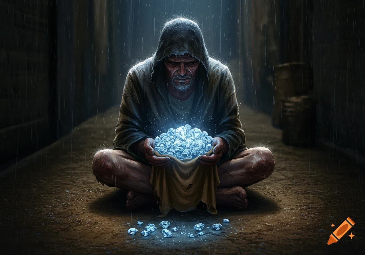 A hooded, ragged old man sits cross-legged in the rain, holding a glowing pile of diamonds in a cloth.