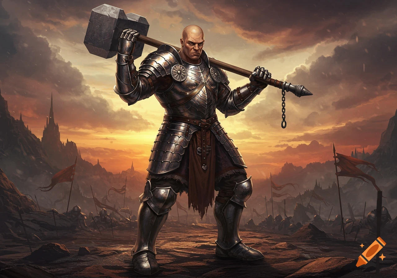 Bald human fighter in ornate armor holding a large maul, standing heroically on a battlefield at sunset with a castle in background, digital art.