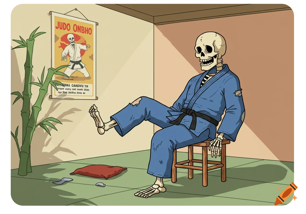 Cartoon skeleton in a blue judo gi sitting on a stool with one leg elevated, next to a bamboo plant and a judo poster.