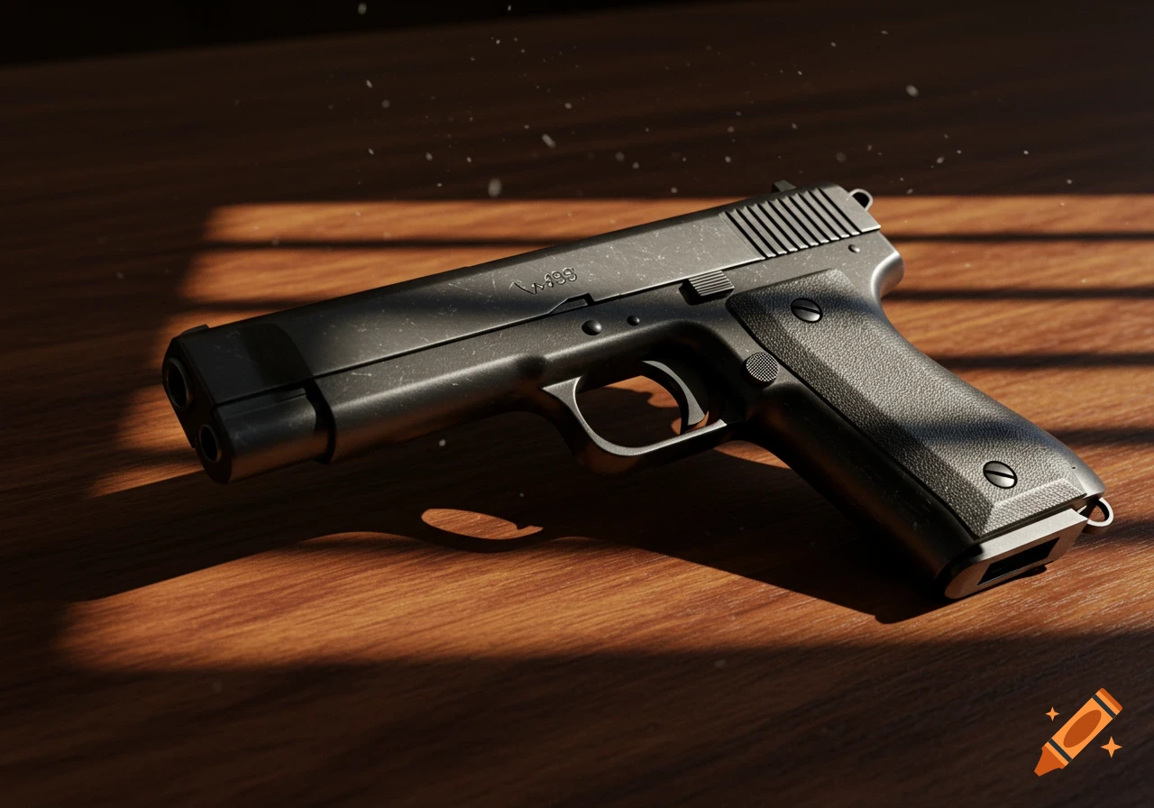 A photorealistic black handgun rests on a wooden table, partially illuminated by natural light through window blinds.