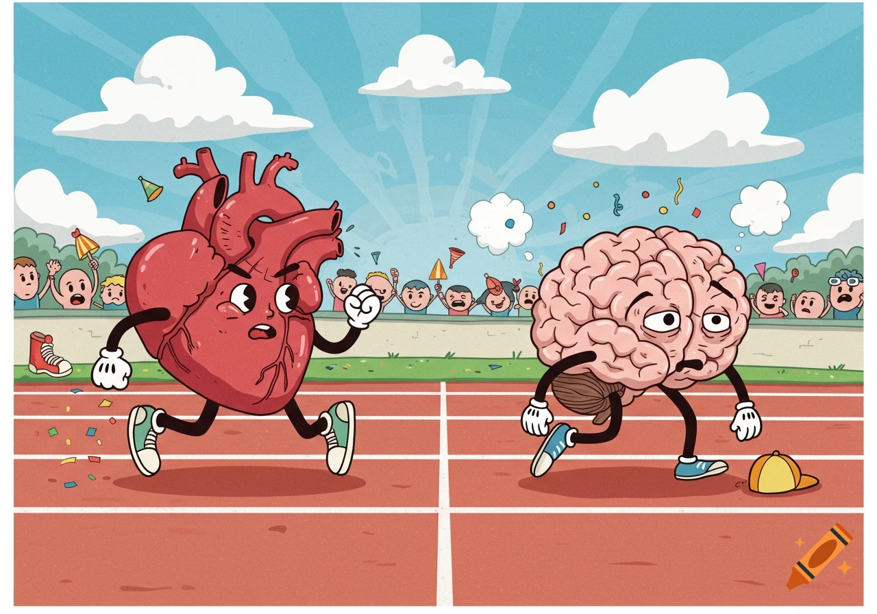 Cartoon drawing of a heart running ahead of a tired brain on a race track with a cheering crowd.