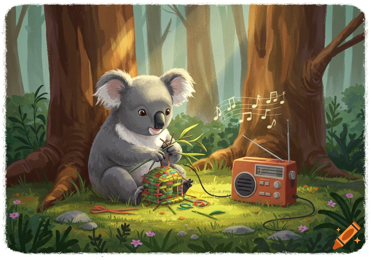 A cute cartoon koala sits in a forest, making a colorful craft while listening to an orange radio playing music.