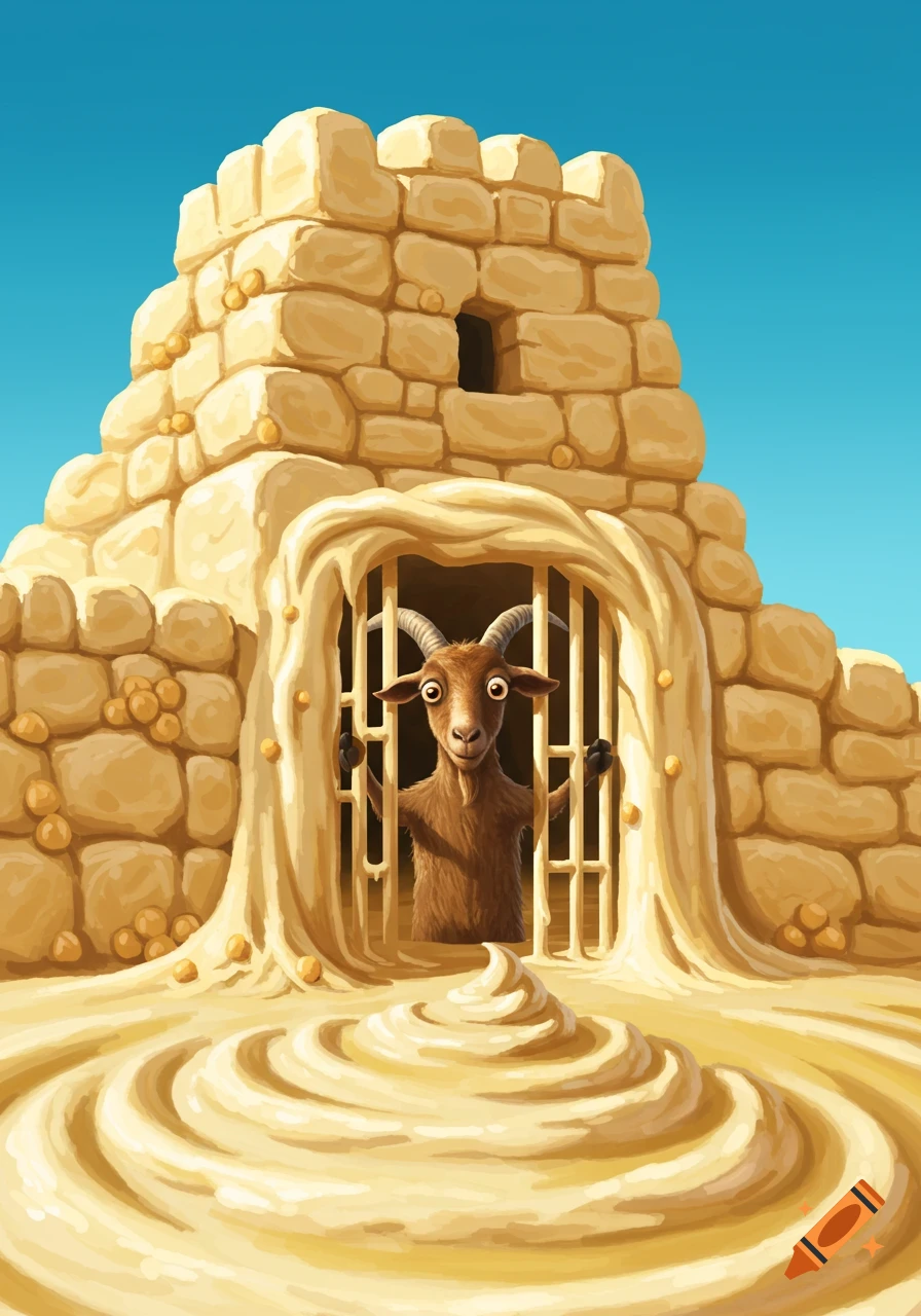 Cartoon goat peeking from behind creamy hummus bars in a castle made of hummus, with swirled hummus ground.