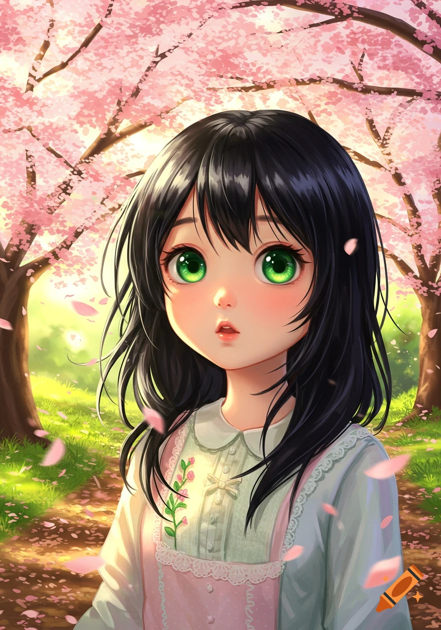 An anime girl with black hair and big green eyes looks forward in a sunny cherry blossom forest with pink petals falling.