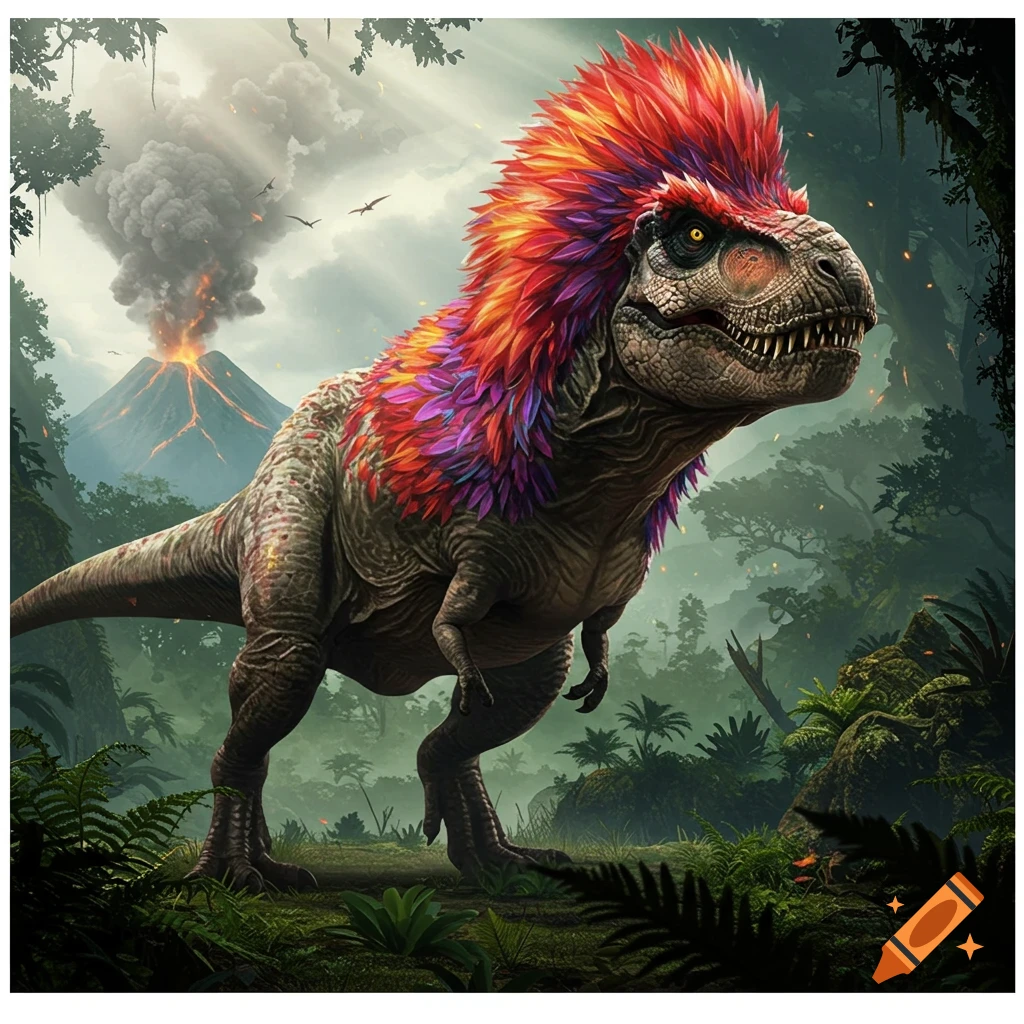 A large T-Rex with a vibrant, multi-colored feathered head stands in a lush jungle with an erupting volcano in the background.