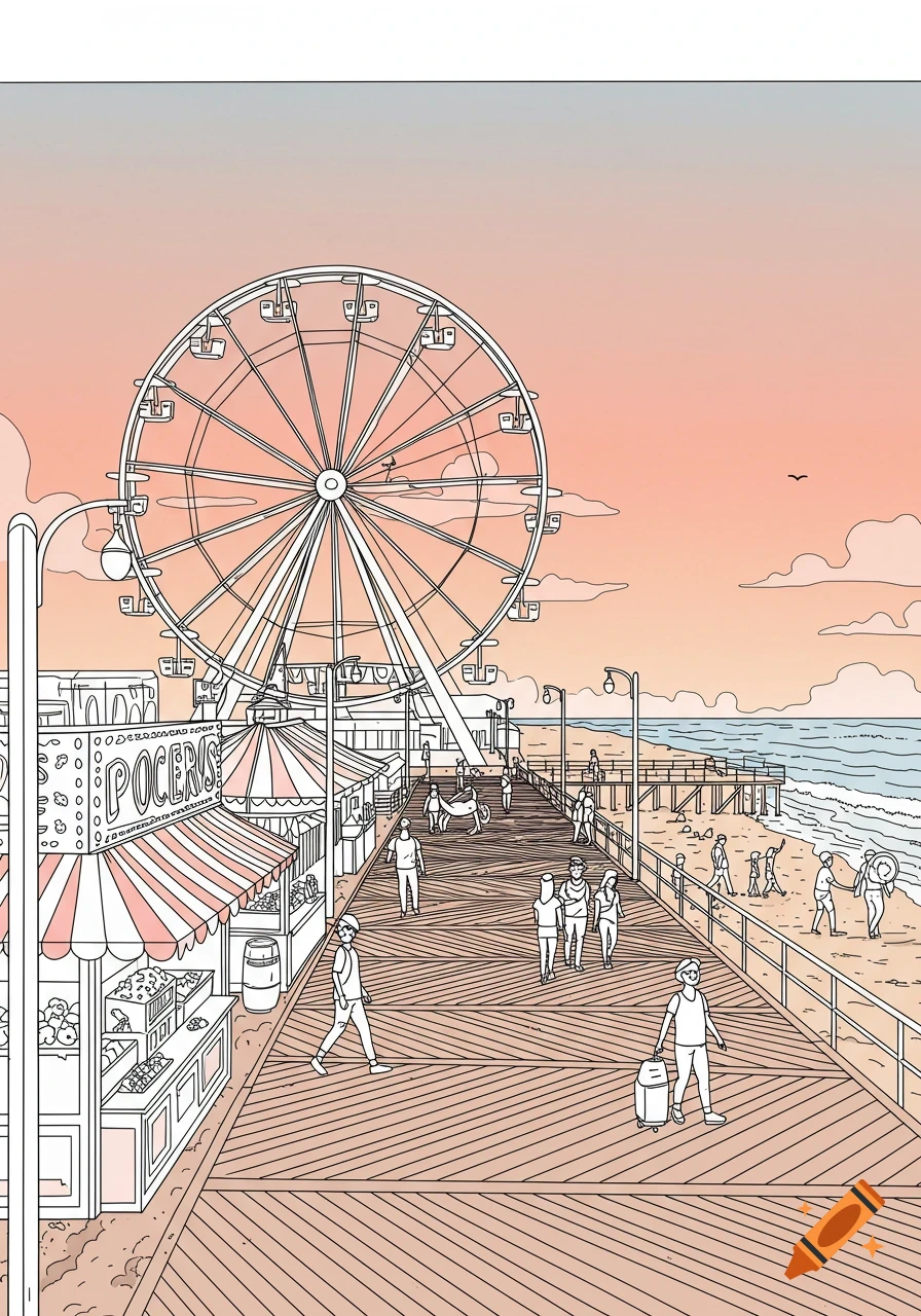 A line art illustration of a bustling boardwalk at sunset, featuring a Ferris wheel, food stalls, and people by the ocean.