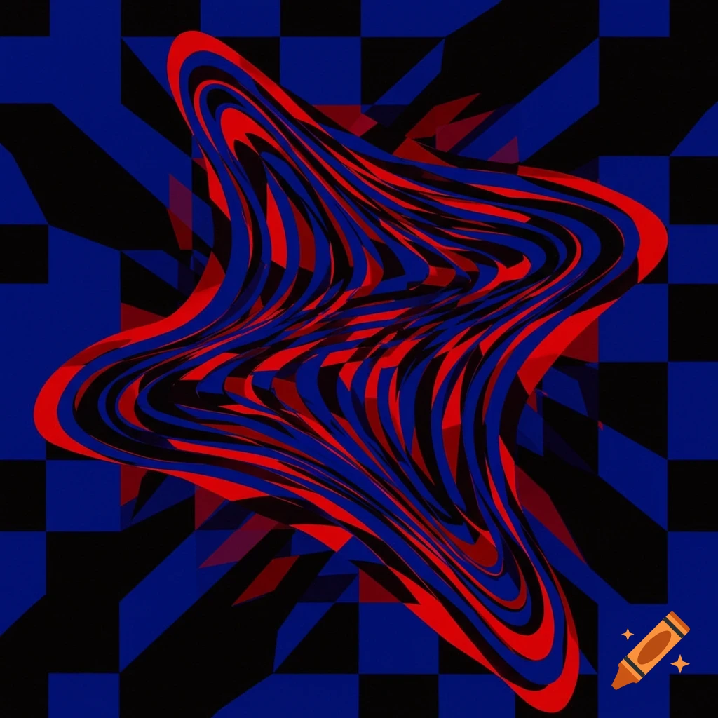 Abstract optical illusion with a wavy red and blue striped shape against a blue and black checkerboard background.