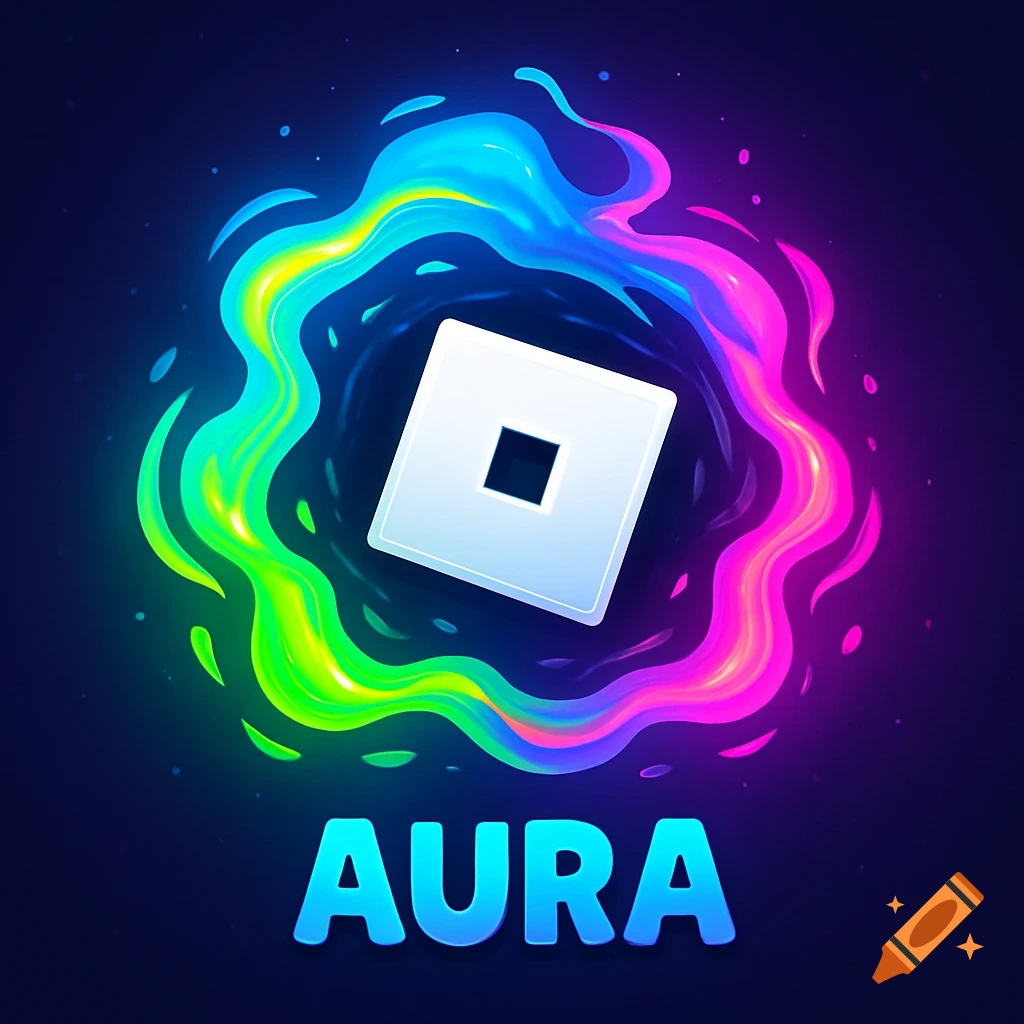 Vibrant logo with a white Roblox-style square surrounded by a swirling, glowing rainbow aura, with the word AURA below it.